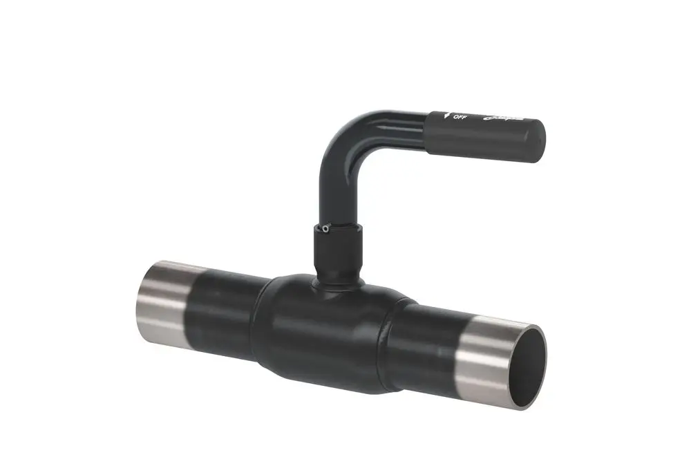 Kugelhahn mit zwei Rohrverbindungen, einem Hebelgriff und einem gebogenen Anschluss. Das Produkt stammt von Danfoss und zeigt eine robuste Konstruktion.